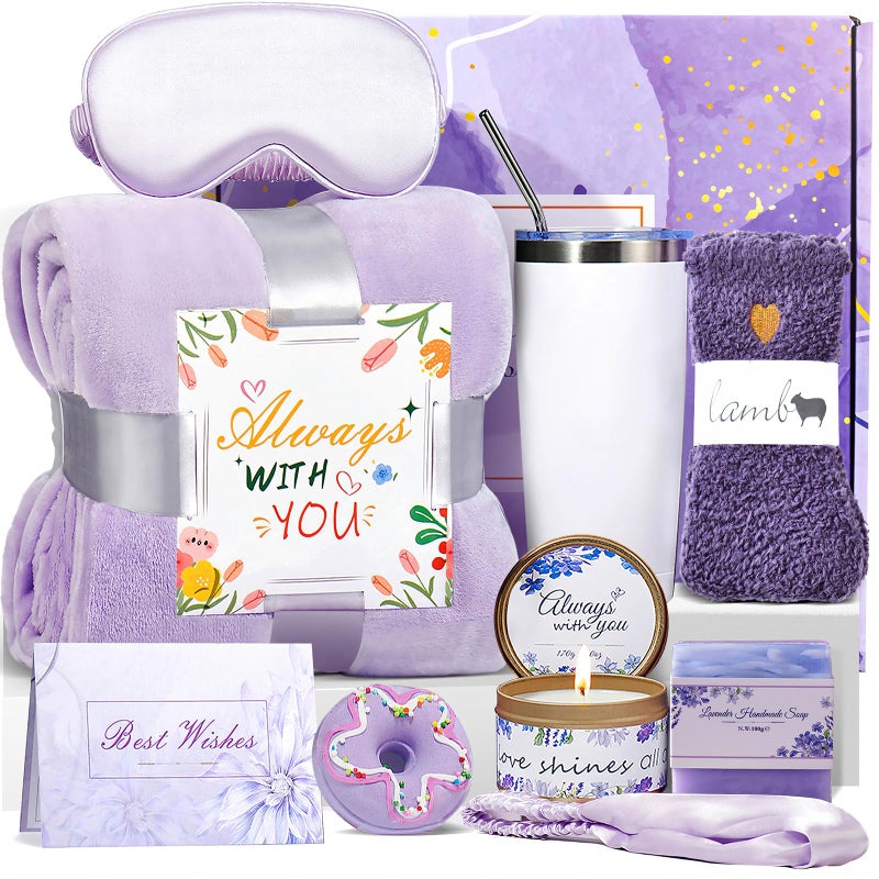Graplife Birthday Gifts for Women  Get Well Gifts for Women Gift Basket  Retirement Gift for Women with Luxury Flannel Blanket  Teacher Appreciation Gifts for Women Mom Wife Girlfriend Friends Sis-Purple - Image 1