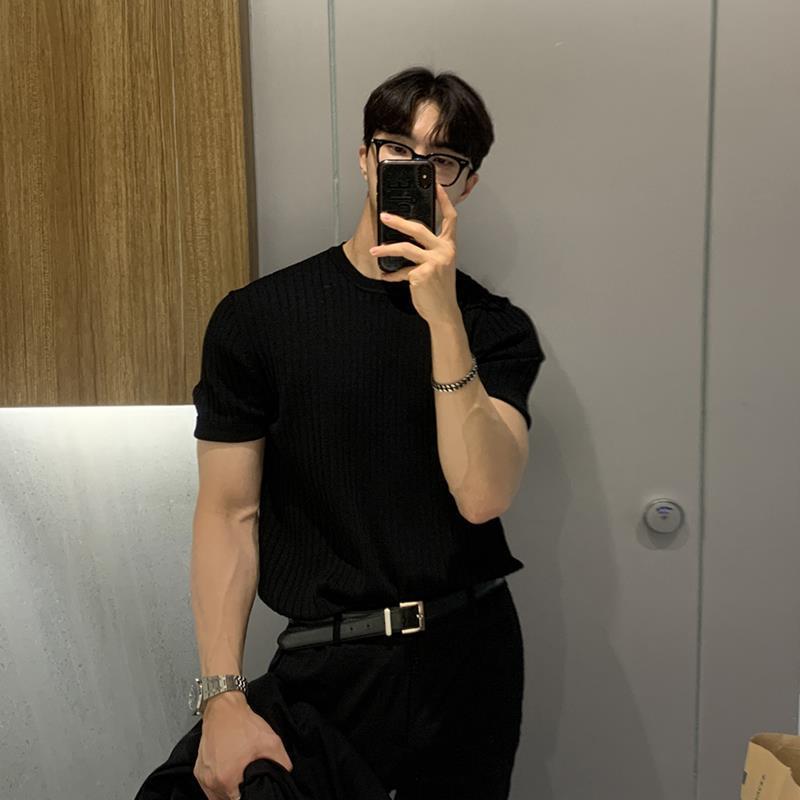 Korean Style Thin Summer Short-Sleeved T-Shirt Men'S Trendy Slim-Fit Breathable Knitted Round Neck Light Mature Handsome Base T-Shirt - Image 4