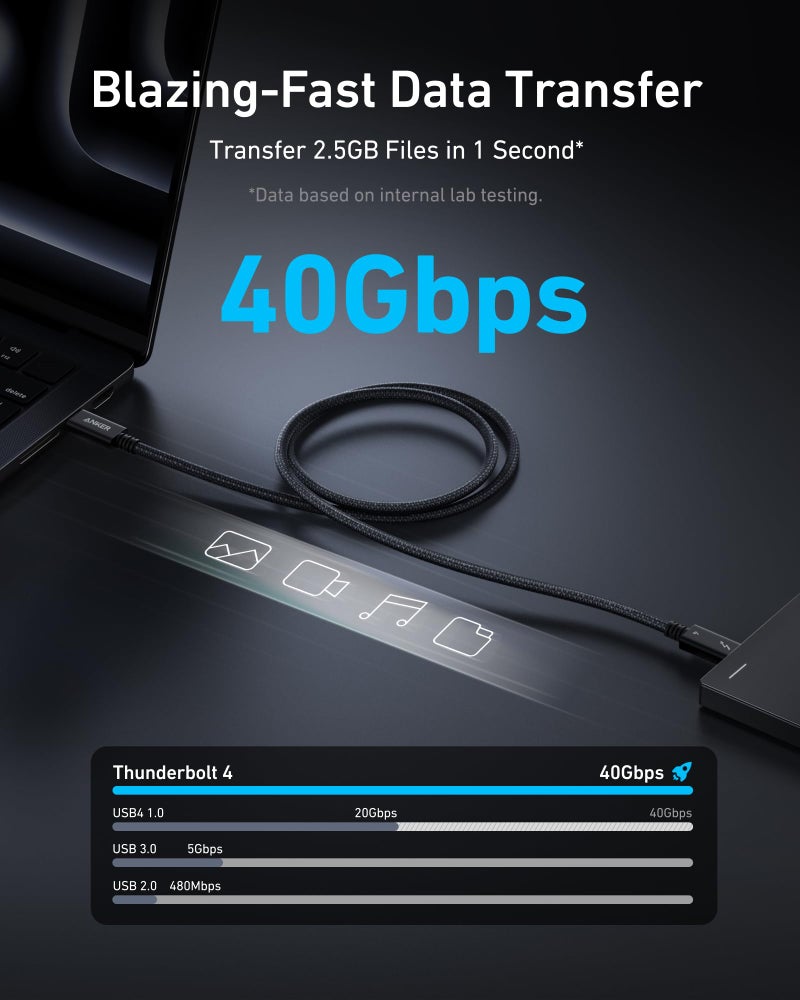 Anker Prime Thunderbolt 4 Cable, 3.3 ft USB C to USB C Cable, 240W Charging, 40Gbps Data Transfer, Supports 8K/4K Displays, for iPhone 16 Series, MacBook Air, iPad, Samsung (Thunderbolt 4-Certified) - Image 3