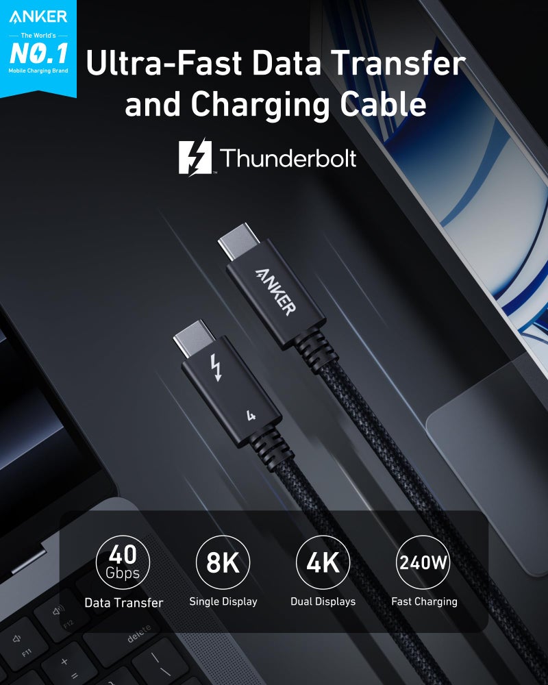 Anker Prime Thunderbolt 4 Cable, 3.3 ft USB C to USB C Cable, 240W Charging, 40Gbps Data Transfer, Supports 8K/4K Displays, for iPhone 16 Series, MacBook Air, iPad, Samsung (Thunderbolt 4-Certified) - Image 2