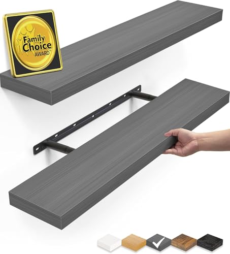 BAYKA Floating Shelves Grey, 22.5 inch Rustic Wood Wall Mounted Shelves for Bathroom, Bedroom, Living Room, Kitchen, Hanging Shelf for Books/Storage/Decor (Gray,Set of 2) - Image 1