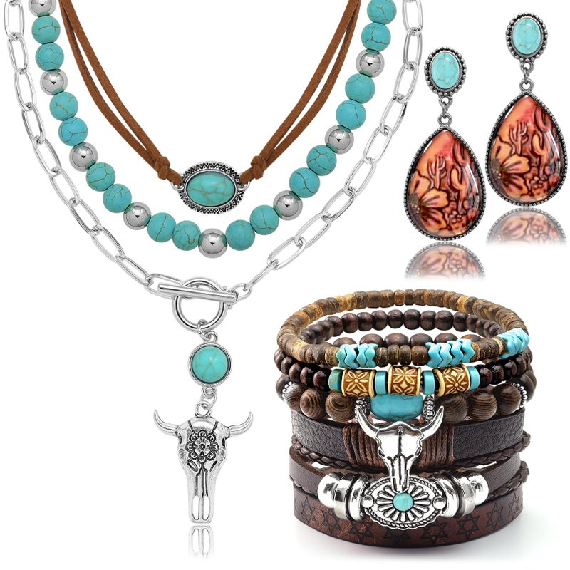 RechicGu Western Jewelry For Women Bohemian Turquoise Dangle Earrings Necklace Bracelet Set, Bullhead Pendant Layered Choker Boho Faux Leather Wristband Country Concert Cowgirl Accessories D - Image 1