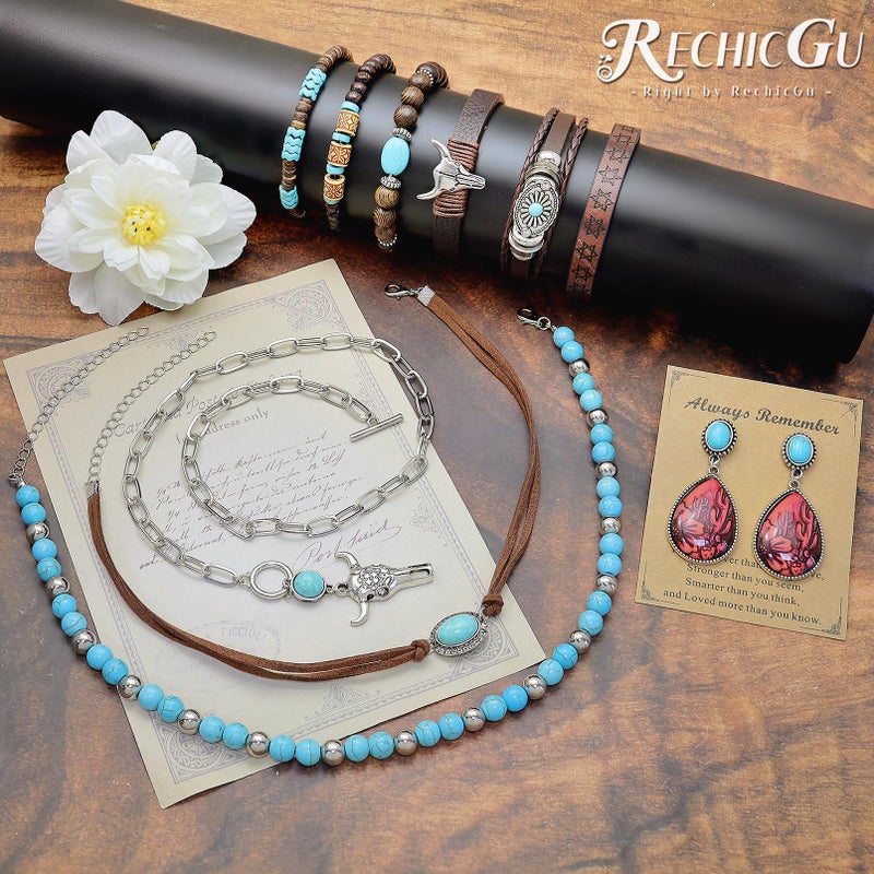RechicGu Western Jewelry For Women Bohemian Turquoise Dangle Earrings Necklace Bracelet Set, Bullhead Pendant Layered Choker Boho Faux Leather Wristband Country Concert Cowgirl Accessories D - Image 5