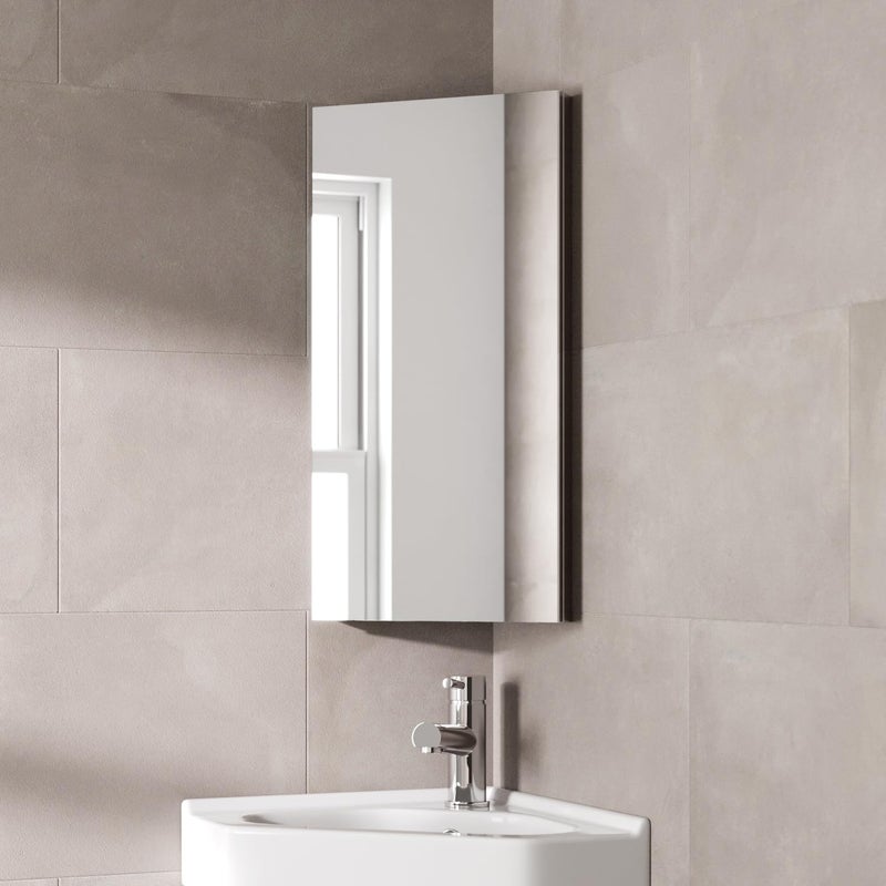 Artis 300 x 600mm Bathroom Mirror Cabinet Storage Wall Mounted Cupboard Ready Assembled Corner Unit Single Mirrored Door Mirror Stainless Steel