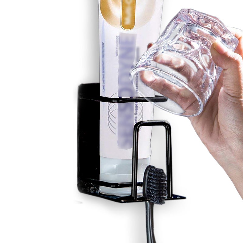 HANZE Toothbrush Holder 304 Stainless Steel Adhesive Wall Mounted Toothbrush Holder with 3in1 Function Toothpaste Toothbrush and Rinse Cup Organizer Black