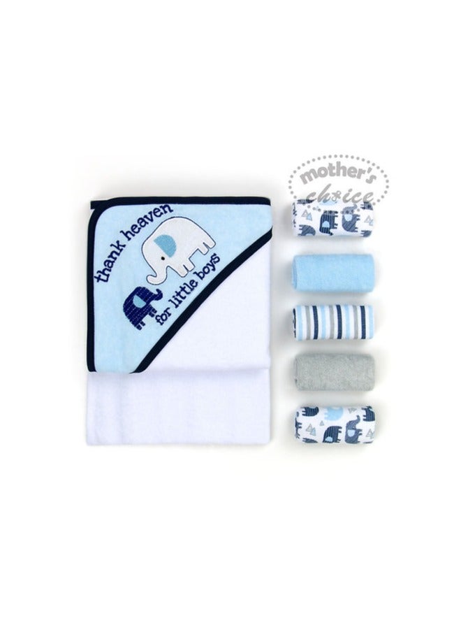 Mothers Choice Elephant Themed Hooded BabyTowel + 5-Pack Face Cloth Set – Essential for Baby Bath Time - Image 1