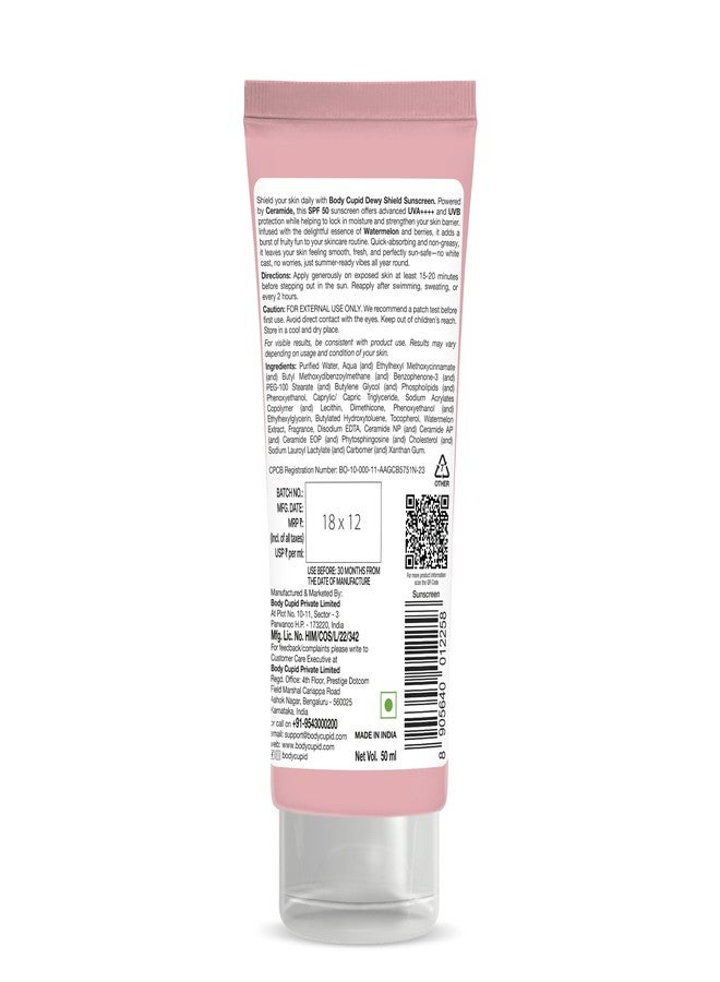 بودي كيوبيد واقي الشمس Body Cupid Dewy Shield SPF 50 PA++++ | حماية من الأشعة فوق البنفسجية UVA وUVB | برائحة الفواكه المنعشة | مع البطيخ والسيراميد | لا يترك طبقة بيضاء، غير لزج، مقاوم للماء وسريع الامتصاص | مناسب لجميع أنواع البشرة | 50 مل - Image 2