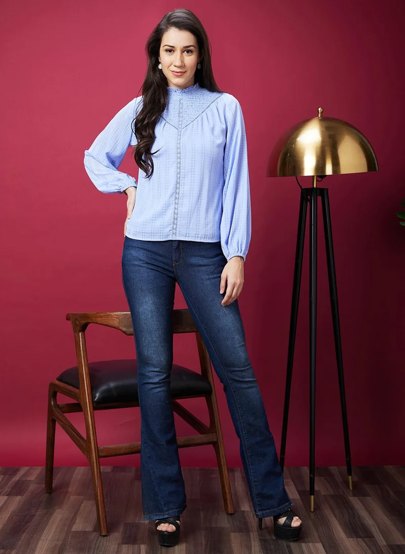 globus Globus Women Blue Checked Cuffed Sleeves Smocked Georgette Top