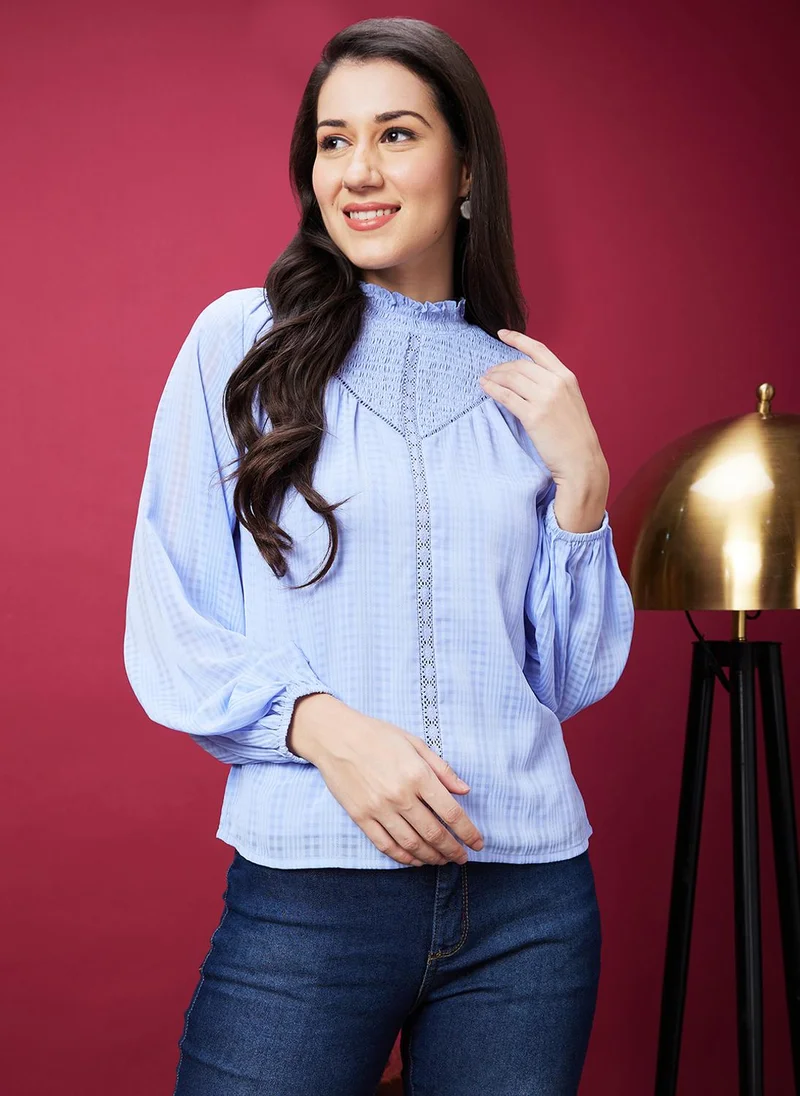 globus Globus Women Blue Checked Cuffed Sleeves Smocked Georgette Top