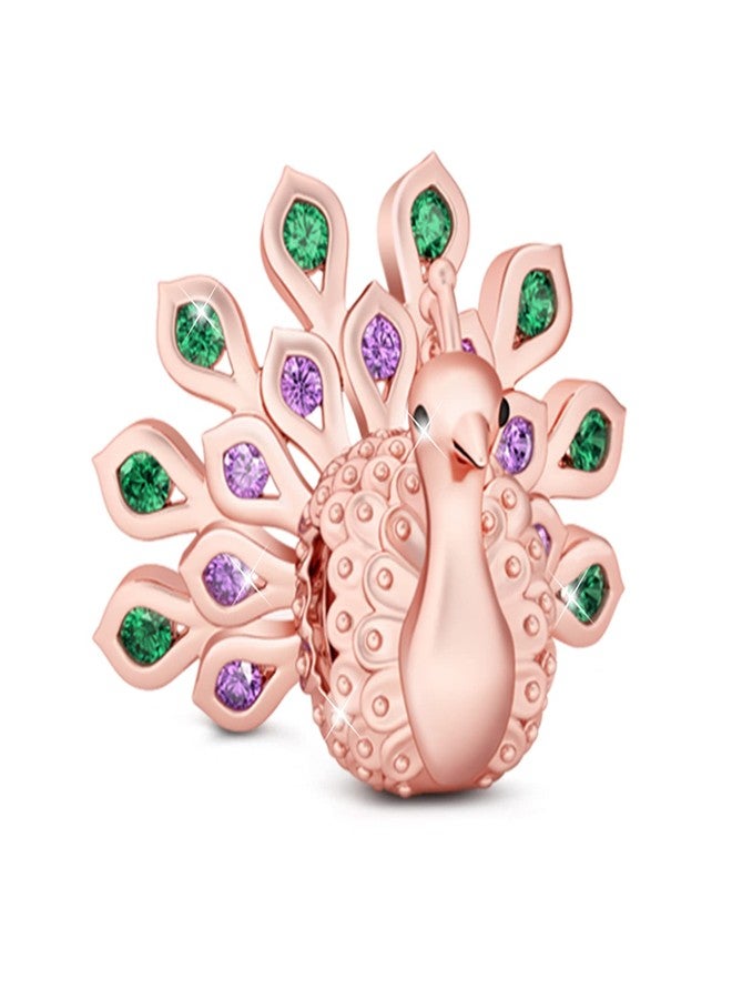GNOCE "New Beginning And Eternal Life Rose Gold Plated Gorgeous Peafowl Charm With Emerald And Amethyst Stones 925 Sterling Silver Peacock Bead Charm Pendent Crystal Fit Snake Chain Bracelet Necklace - Image 1