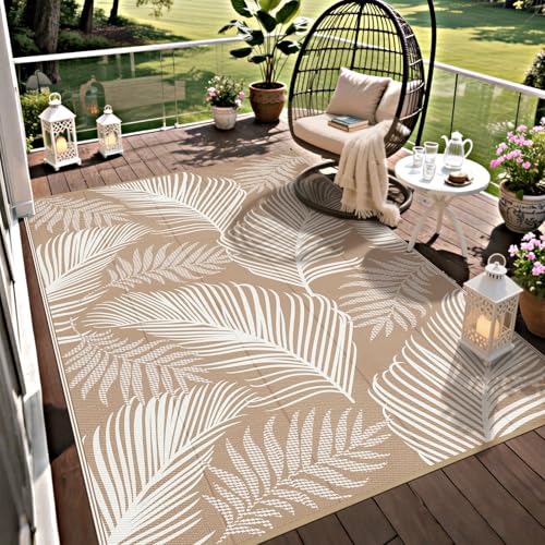Pauwer Waterproof Outdoor Rug 5x8 Reversible Plastic Straw Patio Camping Rug Indoor Outdoor RV Mat Carpet for Deck Camper Porch Balcony Backyard Picnic Leaf Brown - Image 1