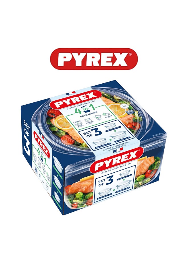 Pyrex Essential Round Casserole Set of 3 (3L + 2.1L + 1.3L) - Durable Borosilicate Glass with Glass Lids, Oven, Microwave, Freezer, and Dishwasher Safe - Image 1
