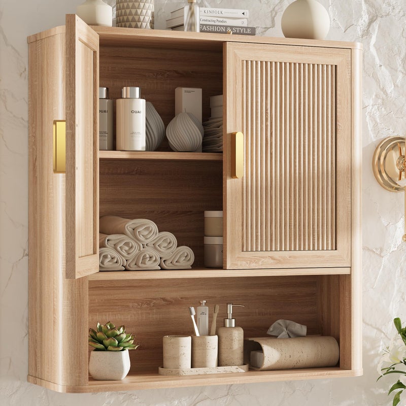 INNOD Bathroom Wall Storage Cabinet, Medicine Cabinet with Adjustable Wood Shelf & Doors, Over The Toilet Storage Cabinet for Laundry Room & Living Room Kitchen Storage Islands (Natural Oak) - Image 1