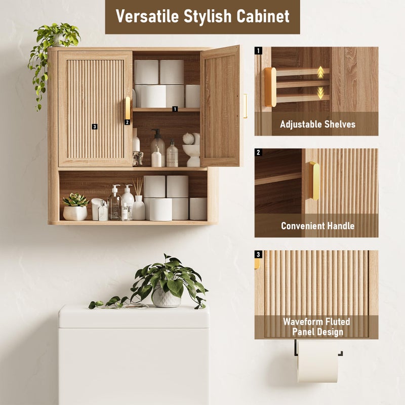 INNOD Bathroom Wall Storage Cabinet, Medicine Cabinet with Adjustable Wood Shelf & Doors, Over The Toilet Storage Cabinet for Laundry Room & Living Room Kitchen Storage Islands (Natural Oak) - Image 4