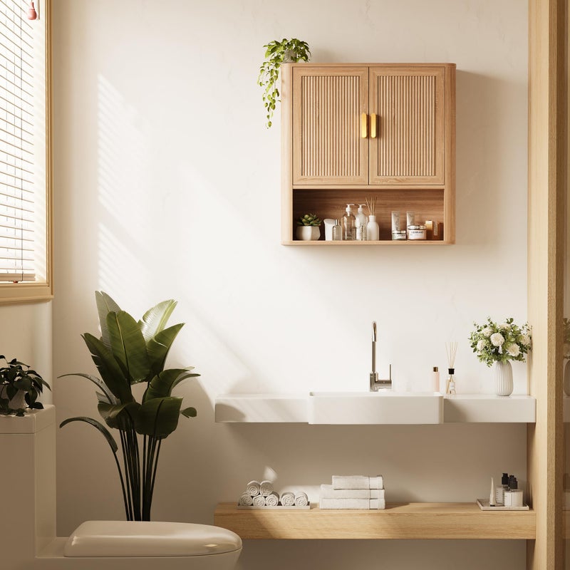 INNOD Bathroom Wall Storage Cabinet, Medicine Cabinet with Adjustable Wood Shelf & Doors, Over The Toilet Storage Cabinet for Laundry Room & Living Room Kitchen Storage Islands (Natural Oak) - Image 2
