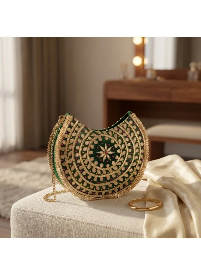 Mobcos Mobcos Potli Bag Green Moon Green Moon Handmade Embroidered Potli Bag | Premium Cotton Boho Shoulder Handbag with Zipper | Spacious Ethnic Bag for Office, Shopping, Travel & Daily Use  | Best Price UAE