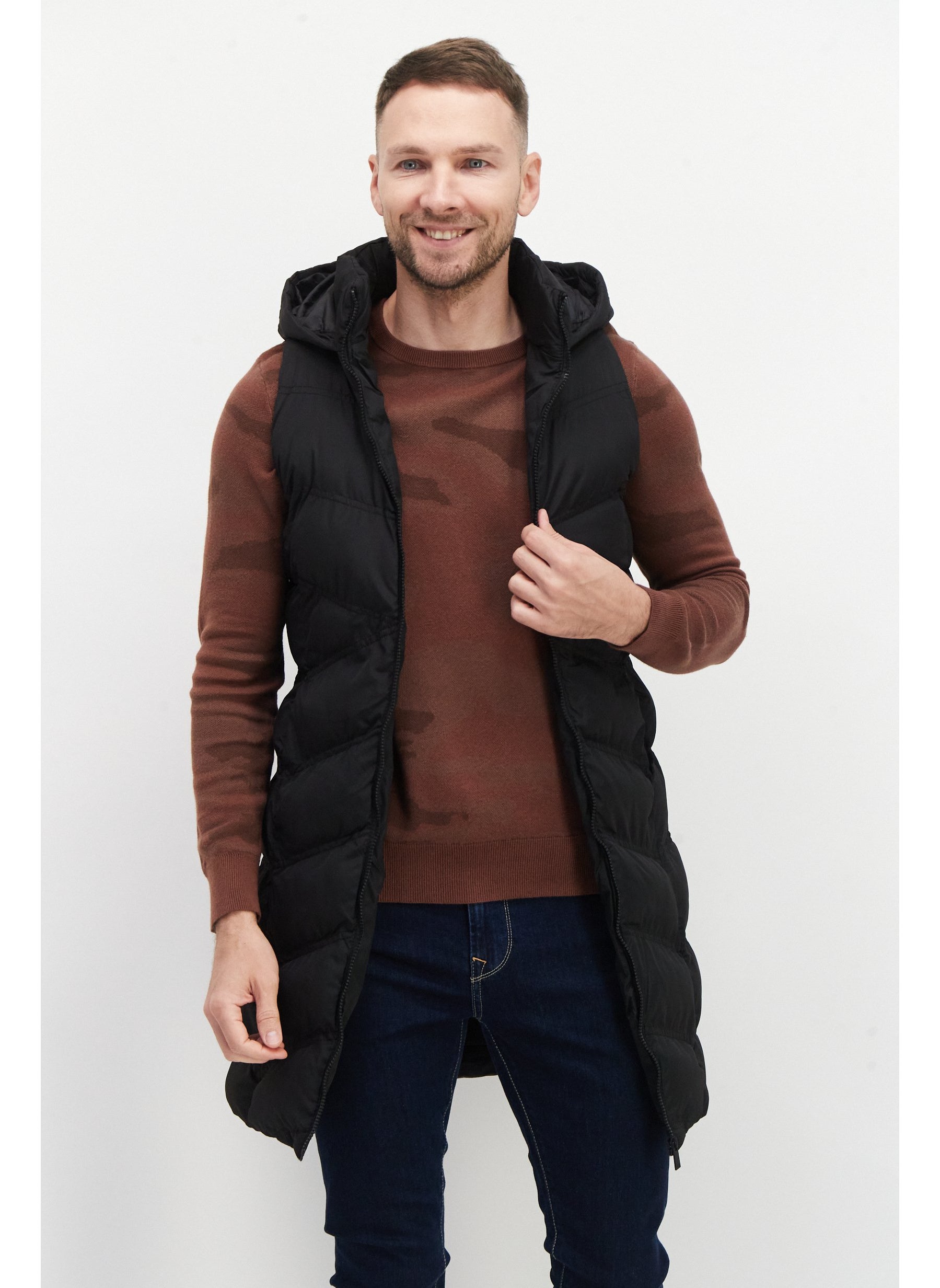 French Connection Men Hooded Solid Long Puffer Vest Black Best Price UAE Dubai Abu Dhabi