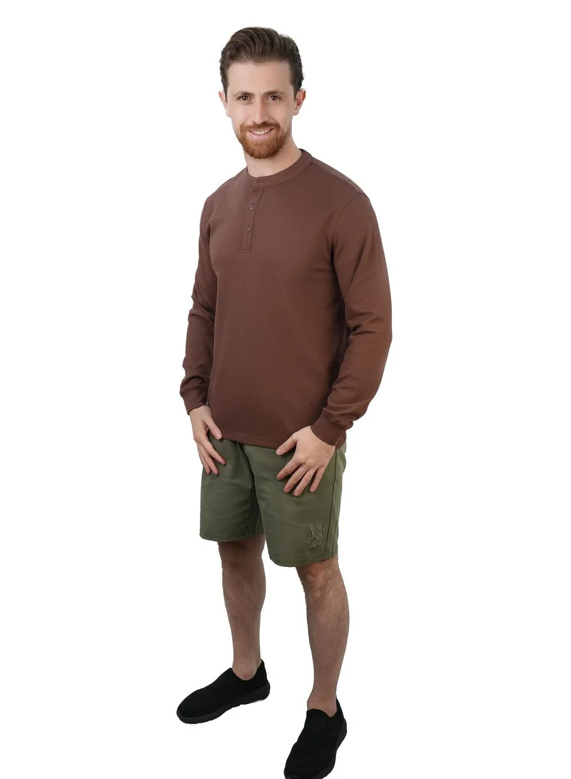 جيوردانو تي شيرت رجالي بأزرار وأكمام طويلة بقصة ضيقة ونسيج وافل