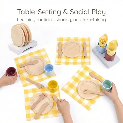 Pillowhale Wooden Toy Plates and Dishes for Kitchen Set Play Kitchen Accessories TableSetting Learning Play Set with Kids Dinner Plates Cups  Cutlery for Social Play Birthday Gifts for 3 Ages 3 - Image 5