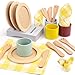 Pillowhale Wooden Toy Plates and Dishes for Kitchen Set Play Kitchen Accessories TableSetting Learning Play Set with Kids Dinner Plates Cups  Cutlery for Social Play Birthday Gifts for 3 Ages 3 - Image 2