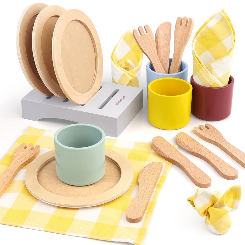 Pillowhale Wooden Toy Plates and Dishes for Kitchen Set Play Kitchen Accessories TableSetting Learning Play Set with Kids Dinner Plates Cups  Cutlery for Social Play Birthday Gifts for 3 Ages 3 - Image 3