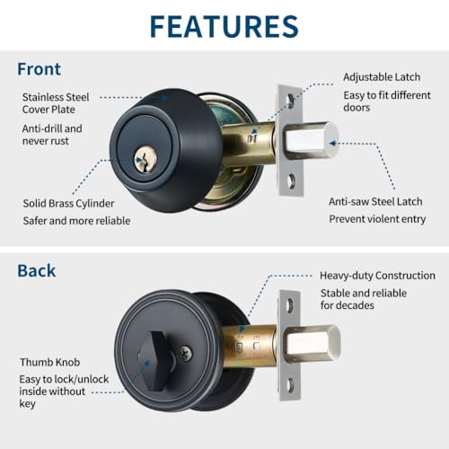 Forliggio All-New Deadbolt Door Lock Set, ANSI/BHMA Grade 3 Enhanced Security Entry Dead Bolt Level Door Locks for Exterior Front Doors, Black - Image 3