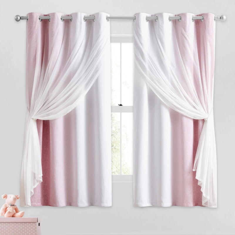 Geomoroccan 100% Blackout Curtains with Sheer Overlay Mix and Match Double Layer Drapes 63 Inch Length 2 Panels for Bedroom Living Room Pink White Ombre Grommet Window Treatment with Tiebacks - Image 1