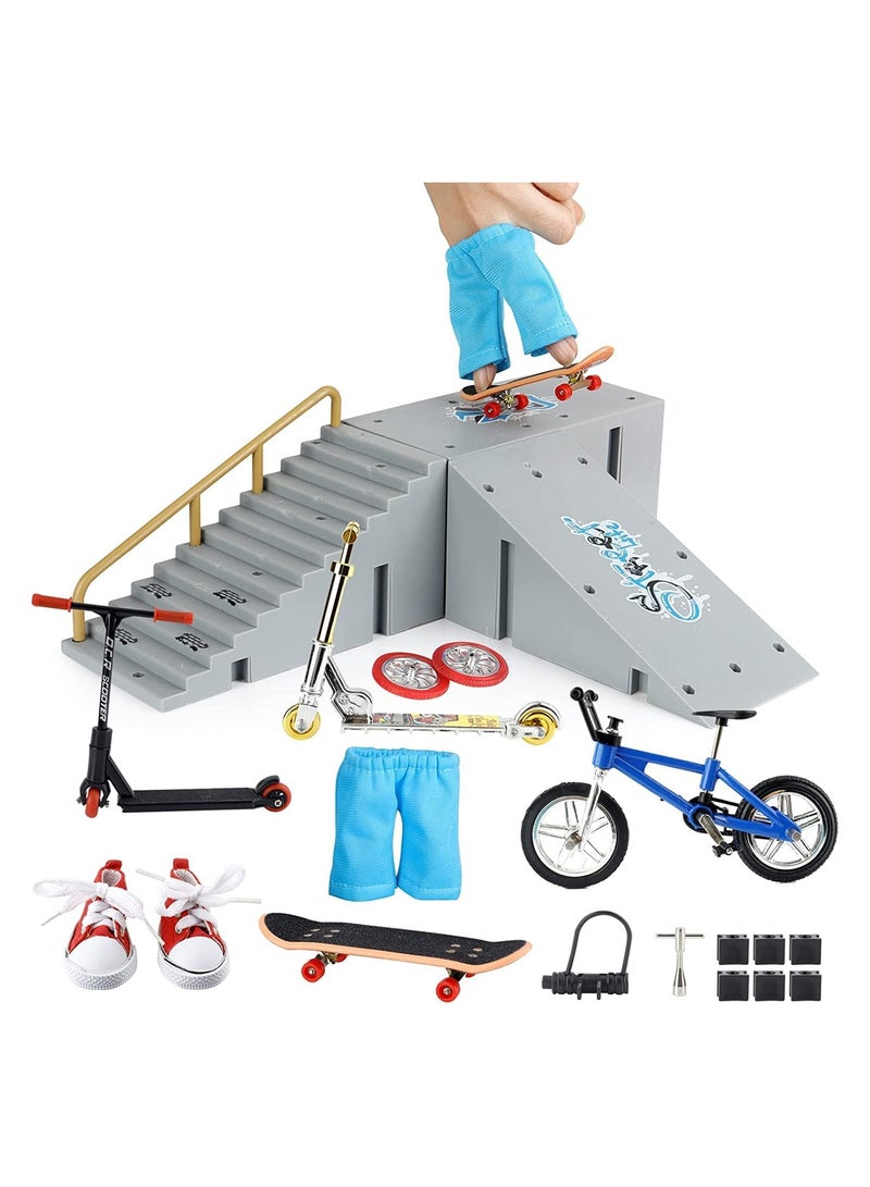 Excefore Finger Skateboard Ramp Set Mini Skate Park Kit for Finger Skateboard Bike DIY Assembly Ramp Accessories Set Movement Educational Finger Toy Children Gifts 3 Ramps 4 Skateboard Bikes and Accessories - Image 1