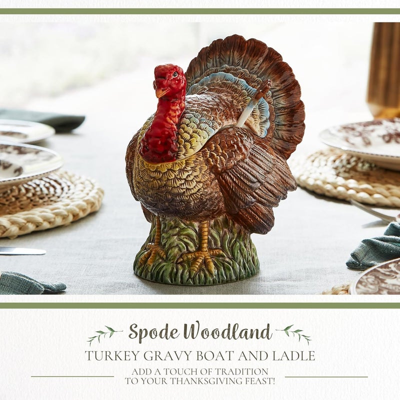 Spode 14oz Turkey-Shaped Gravy Boat with Ladle - Dolomite Thanksgiving Serveware | Large Table Centerpiece | Decorative Serving Bowl | Holiday Soup Bowl, For Thanksgiving Dinner and Festive Meals - Image 2