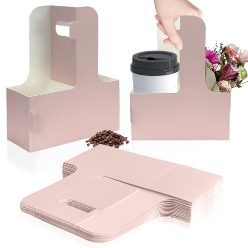 Xlong 2 Cup Disposable Drink Carrier for Delivery with Handle,15 Count Pink Paperboard Cup Holder,Cup Carriers for Hot or Cold Drinks,Coffee Carrier, Food Delivery,Take Out Cup Carriers (Pink, 15 PCs) - Image 1