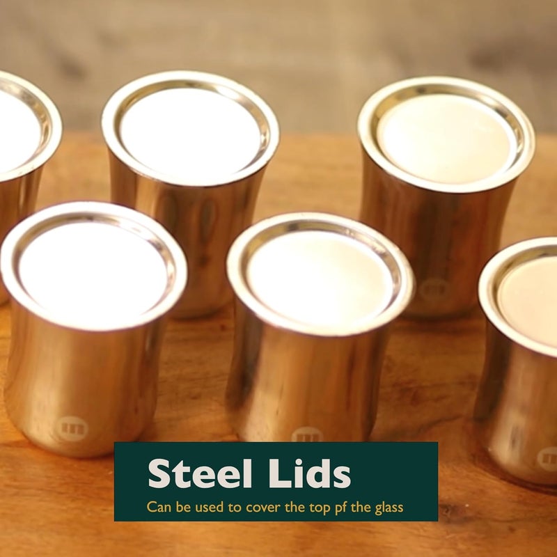 MARU Mini Double Wall Tea Glasses Set of 4 pcs Small Stainless Steel Cups with Lids Coaster 120ml Each Small Steel Glass for Kids and Adults Ideal Chai Glass Milk Glass Coffee Glass with Lid - Image 4