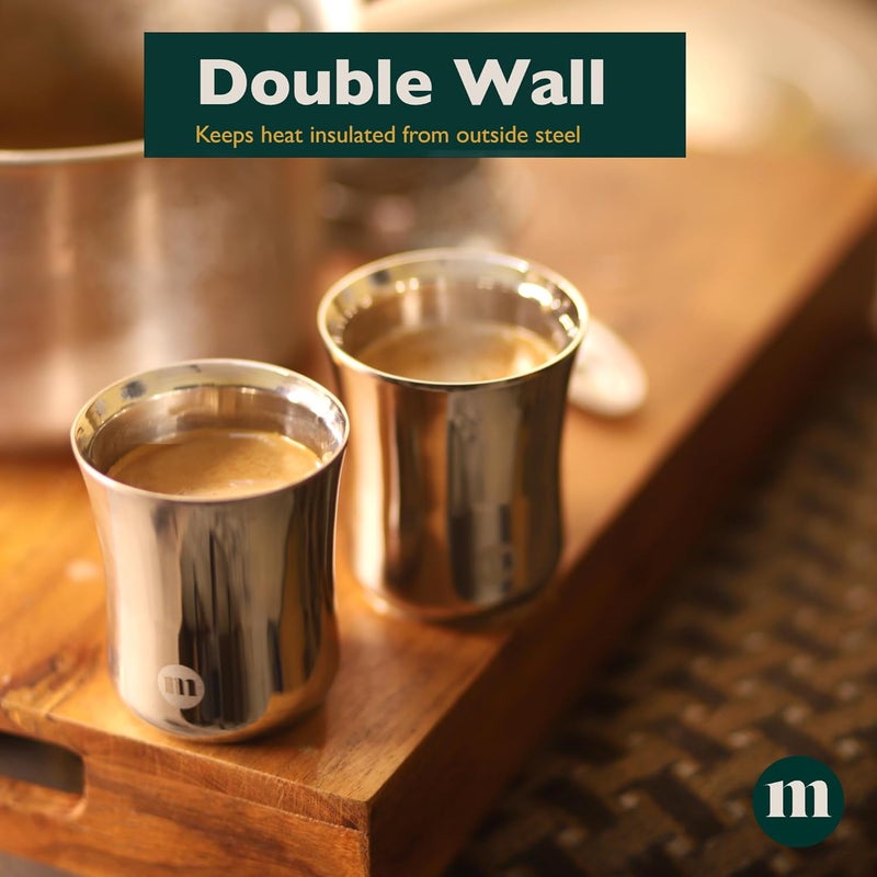 MARU Mini Double Wall Tea Glasses Set of 4 pcs Small Stainless Steel Cups with Lids Coaster 120ml Each Small Steel Glass for Kids and Adults Ideal Chai Glass Milk Glass Coffee Glass with Lid - Image 3