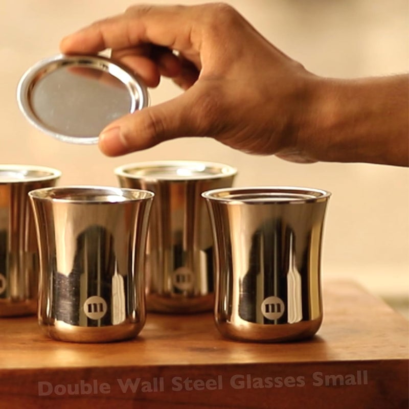 MARU Mini Double Wall Tea Glasses Set of 4 pcs Small Stainless Steel Cups with Lids Coaster 120ml Each Small Steel Glass for Kids and Adults Ideal Chai Glass Milk Glass Coffee Glass with Lid - Image 1