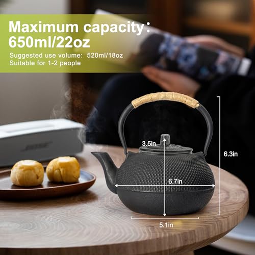 suyika Japanese Tetsubin Cast Iron Teapot Tea Kettle pot with Stainless Steel Infuser for Stovetop Safe Coated with Enameled Interior 22 oz/650 ml - Image 3