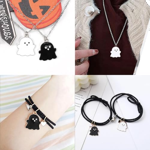 XFSAFDM 4pcs Couple Accessory Set, Cute Black And White Ghost Couple Bracelet And Cute Black And White Ghost Friendship Necklace, Gifts For Women Men - Image 4