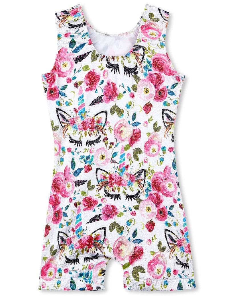 TENVDA Gymnastics Leotards for Toddler Girls Size 3t 4t Sparkly White Workout Unitard Flower Printed Tank Kids Biketard - Image 2