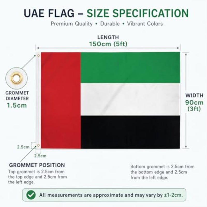 علم الإمارات العربية المتحدة المتقدم 90x150 سم 3x5 قدم - علم الإمارات العربية المتحدة كبير للعرض الداخلي والخارجي - حجم كبير متين مع حلقات نحاسية لديكور اليوم الوطني - Image 3