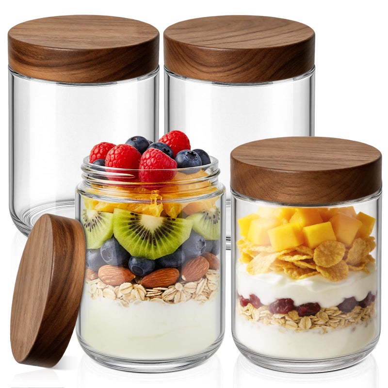 Bumobum 16 oz Overnight Oats Containers with Lids, Glass Mason Jars with Acacia Wood Airtight Lid, Wide Mouth Glass Canisters for Food Storage Chia Pudding Snacks Yogurt Spice Meal Prep, 4-Pack - Image 1