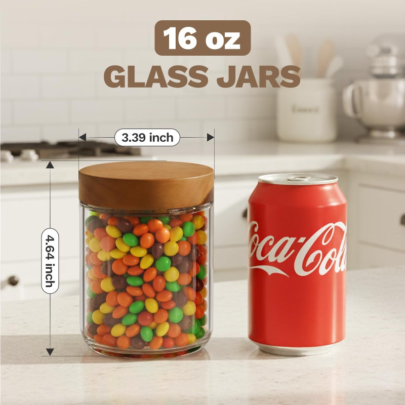 Bumobum 16 oz Overnight Oats Containers with Lids, Glass Mason Jars with Acacia Wood Airtight Lid, Wide Mouth Glass Canisters for Food Storage Chia Pudding Snacks Yogurt Spice Meal Prep, 4-Pack - Image 5