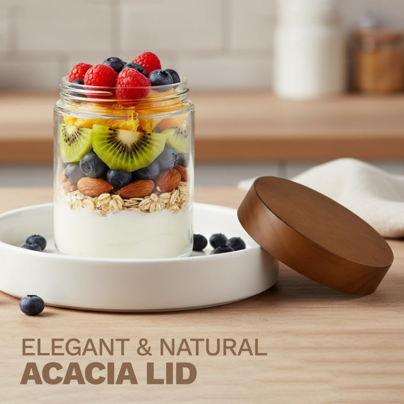 Bumobum 16 oz Overnight Oats Containers with Lids, Glass Mason Jars with Acacia Wood Airtight Lid, Wide Mouth Glass Canisters for Food Storage Chia Pudding Snacks Yogurt Spice Meal Prep, 4-Pack - Image 4