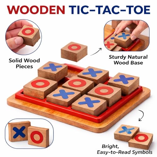 SHOPMEFAST Mini Wooden Tic Tac Toe Game Toy, Fun for Everyone, Mind Challenging Cross & Zero Family Board Game for Kids & Adults, Birthday Return Gifts for Kids - Image 3