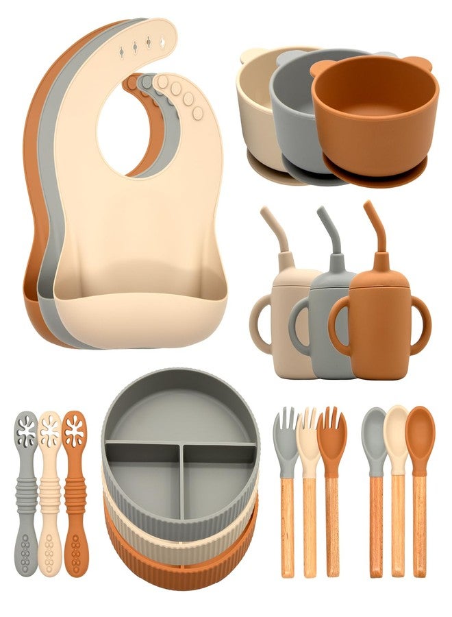 CHCC Silicone Baby Feeding Set 21 Pcs, Baby Led Weaning Supplies, Baby Feeding Supplies Set BPA Free, Essentials for Newborn Gift Walnut Color, Beige, Smoky Gray - Image 1