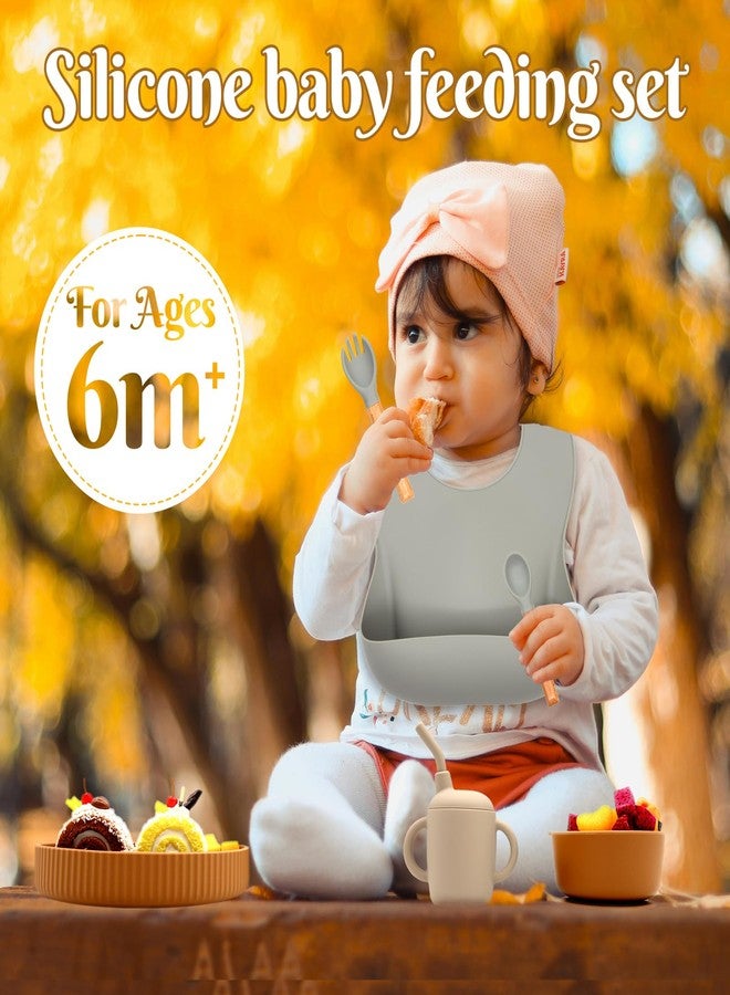 CHCC Silicone Baby Feeding Set 21 Pcs, Baby Led Weaning Supplies, Baby Feeding Supplies Set BPA Free, Essentials for Newborn Gift Walnut Color, Beige, Smoky Gray - Image 2