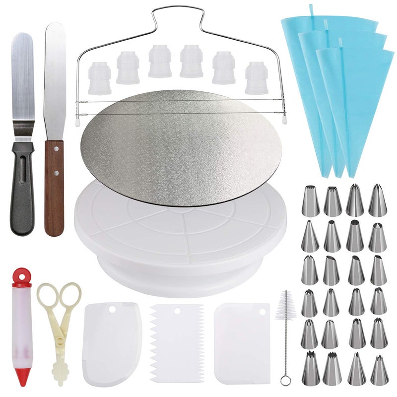 Miecux Cake Decorating kit  Cake Turntable and 10 inch Cake Board2 Icing Spatula 3 Cake ScrapersCake BrushCake Flower LifterCake Pen3 Pastry Bags 24 Stainless Icing Tip 6 Piping Tip Couplers 