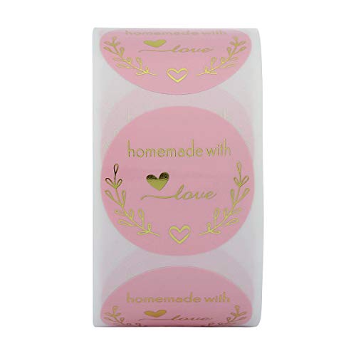 Yoption 1.5 Inch Round Homemade with Love Stickers Pink for Packaging, Cookie Bags, Small Shop Local Handmade, 500 Labels per Roll - Image 3