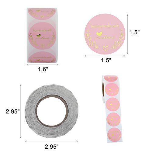 Yoption 1.5 Inch Round Homemade with Love Stickers Pink for Packaging, Cookie Bags, Small Shop Local Handmade, 500 Labels per Roll - Image 2