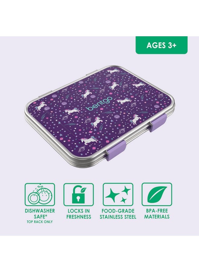 Bentgo Bentgo® Kids Stainless Steel Prints Leak-Resistant Lunch Box - New Improved 2022 Bento-Style with Updated Latches, 3 Compartments & Bonus Container - Eco-Friendly, Dishwasher Safe, BPA-Free (Unicorn)  - Image 3