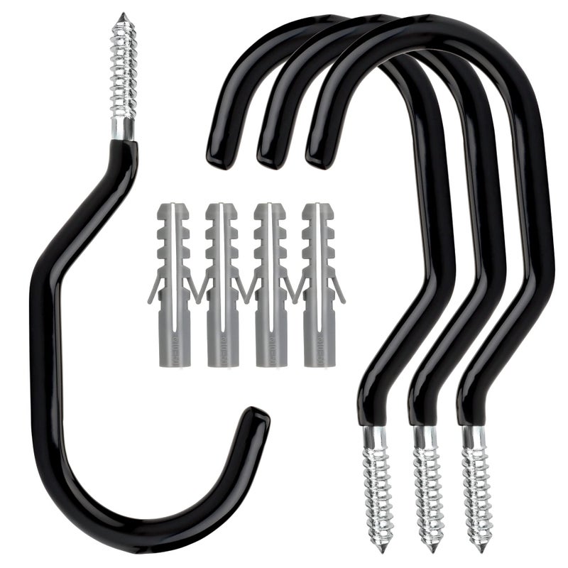 Febwind 4 Pack Heavy Duty Bike Hooks Screw in Bike Hangers for Garage Ceiling and Wall Bicycle Storage and Hanging Wall Mount Hanger Black
