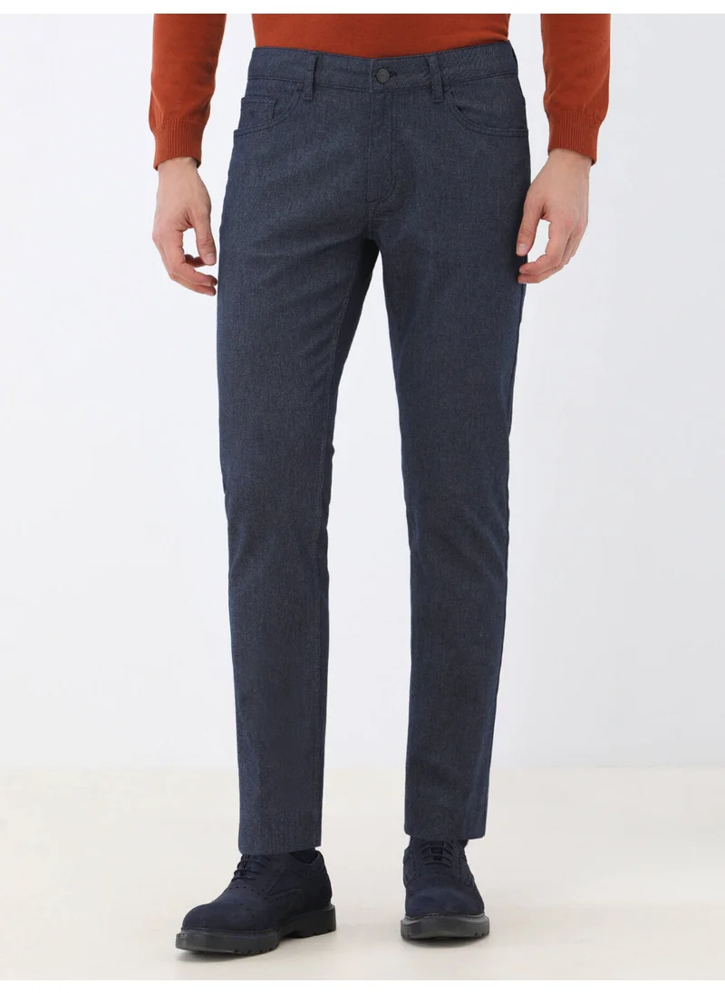 Kip Navy Blue Woven Slim Fit Casual Cotton Blend Trousers