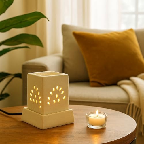 Mkd2 Rise Ceramic Electric Aroma Diffuser Oil Burner I Aroma Burner Oil Diffuser Lamp for Home Fragrance, Square (Small, Brown Dotted) - Image 3